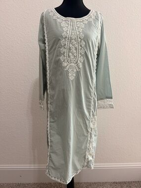 Cross Stitch Sage Green Embroidered Tunic Dress | Cotton Blend Lace Trim Boho